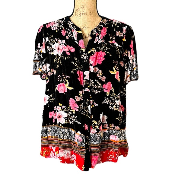 Knox Rose Floral Black Pink Buttoned Blouse Size L - Picture 5 of 14